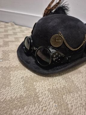 Black Steampunk Bowler Hat with Goggles and Brass Accents New With Tags